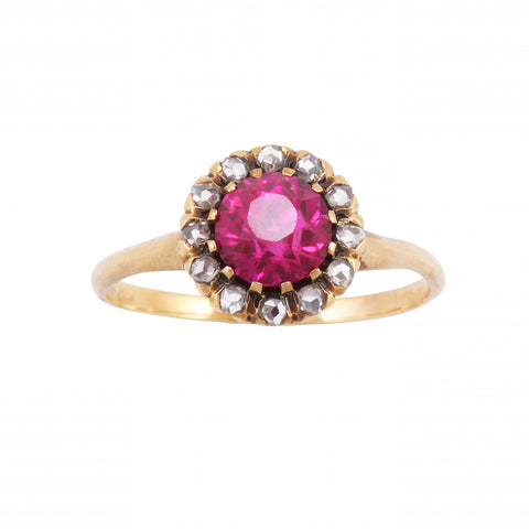 Edwardian Pink Ruby and Diamond 14k Halo Gold Ring Front