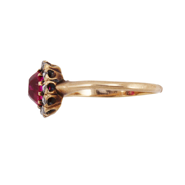 Edwardian Pink Ruby and Diamond 14k Halo Gold Ring Full Side