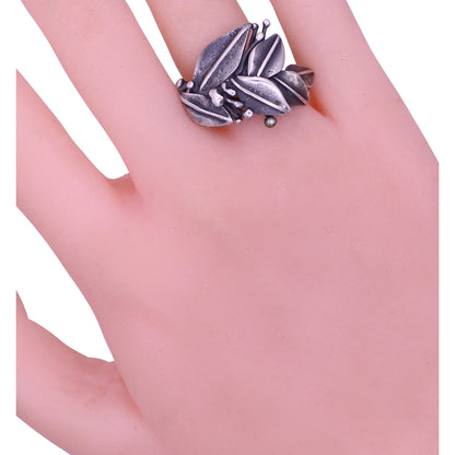 Sterling Silver Vintage Hand Crafted Leaf Ring  Worn