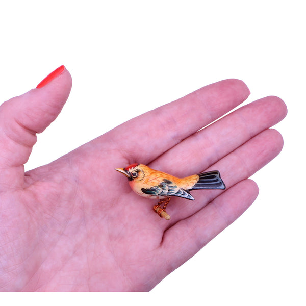 Scarce Takahashi Vintage Redpoll Wood Bird Pin Brooch Held