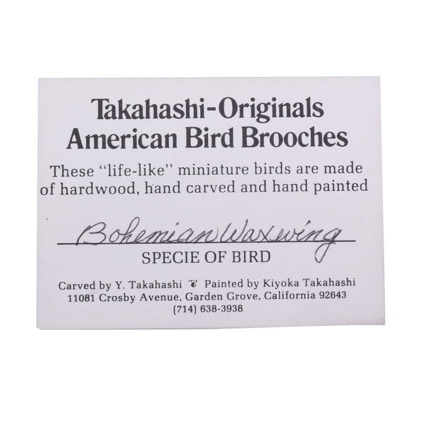 Rare Takahashi Bohemian Waxwing VintageWood  Bird Pin Brooch Card