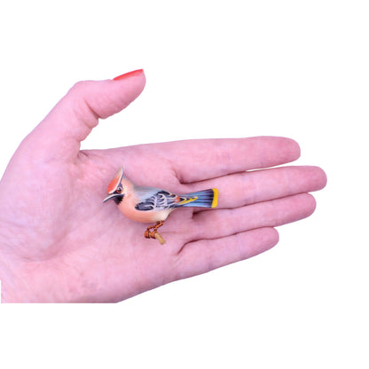Rare Takahashi Bohemian Waxwing VintageWood  Bird Pin Brooch Held
