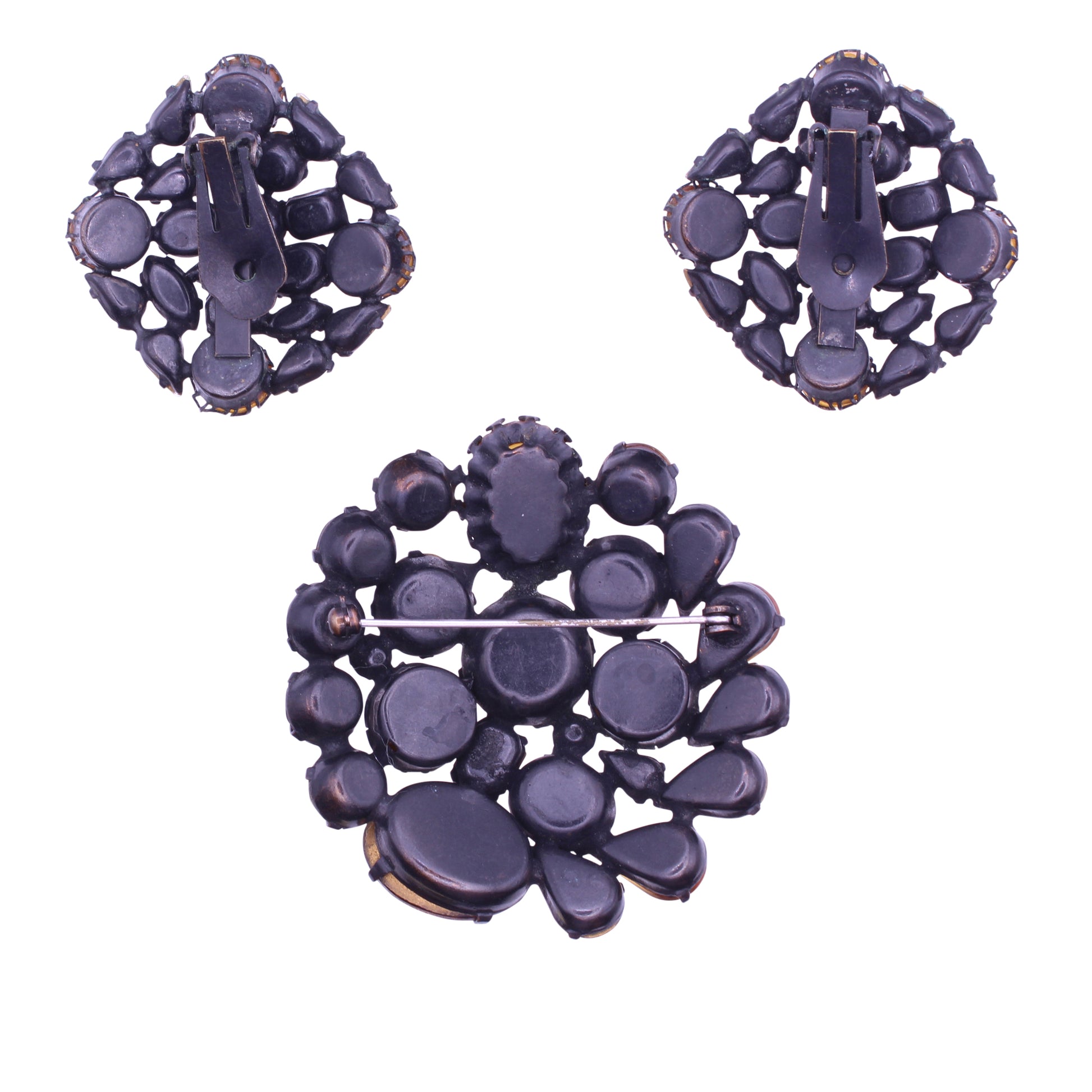 Topaz and Citrine Rhinestone and Cabochon Japanned Pin Brooch and Earrings Back