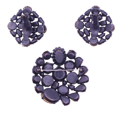 Topaz and Citrine Rhinestone and Cabochon Japanned Pin Brooch and Earrings Back