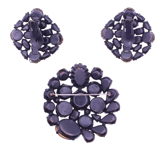 Topaz and Citrine Rhinestone and Cabochon Japanned Pin Brooch and Earrings Back