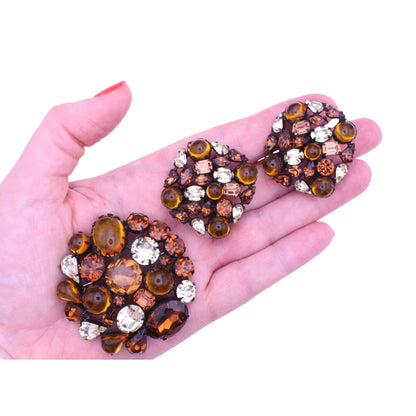 Topaz and Citrine Rhinestone and Cabochon Japanned Pin Brooch and Earrings