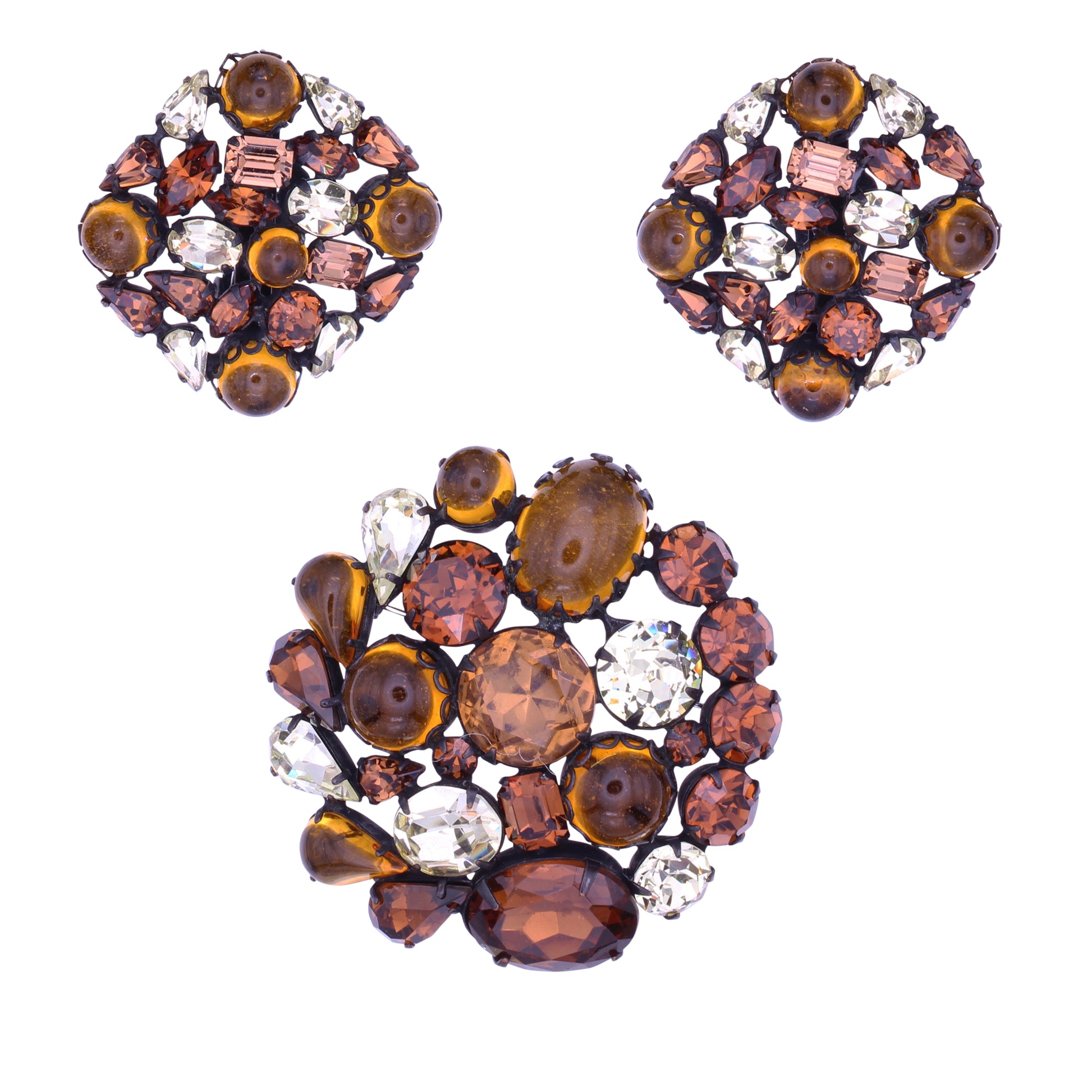 Topaz and Citrine Rhinestone and Cabochon Japanned Pin Brooch and Earrings
