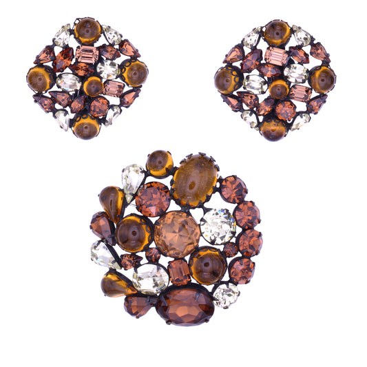 Topaz and Citrine Rhinestone and Cabochon Japanned Pin Brooch and Earrings