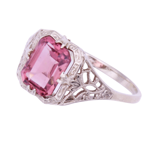 Art Deco Pink Tourmaline 14k White Gold Filigree Ring