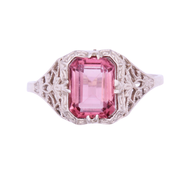 Art Deco Pink Tourmaline 14k White Gold Filigree Ring Front