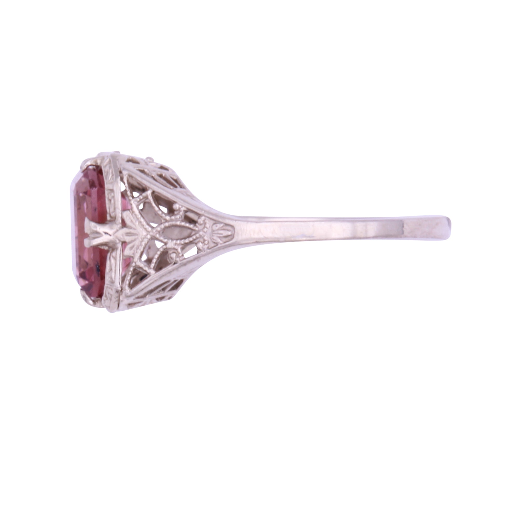 Art Deco Pink Tourmaline 14k White Gold Filigree Ring Side