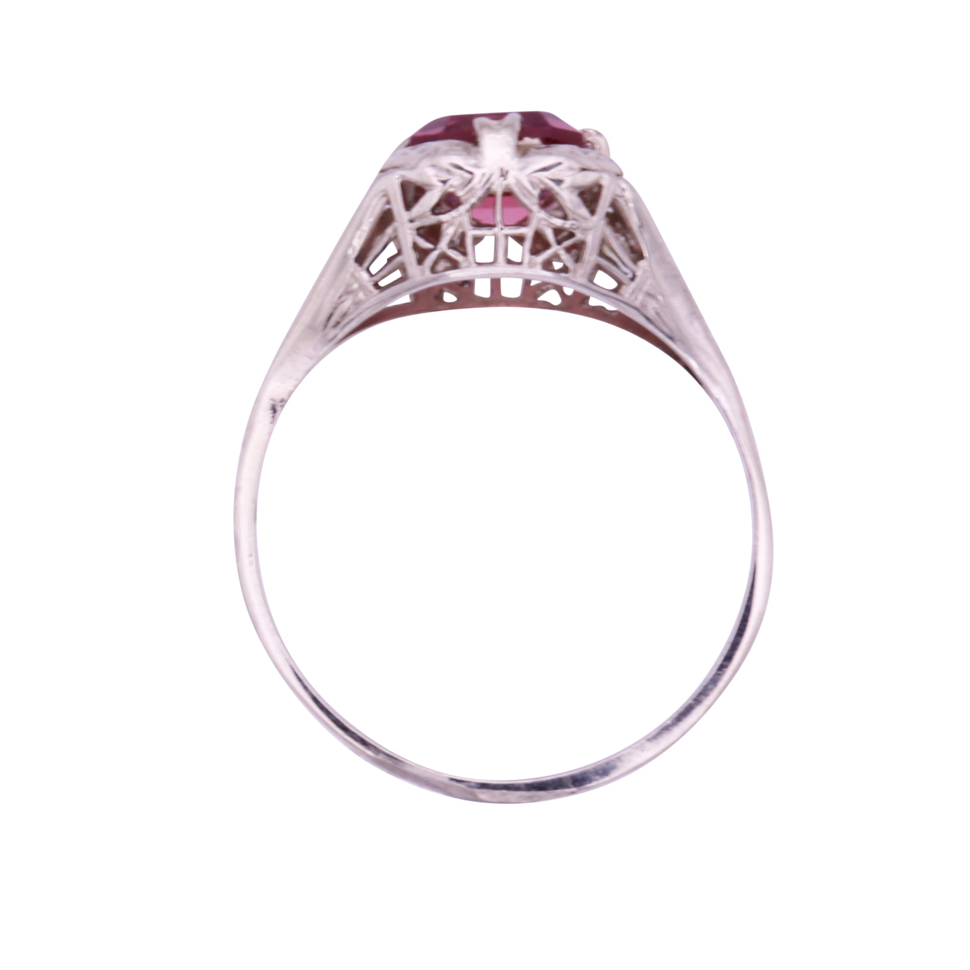 Art Deco Pink Tourmaline 14k White Gold Filigree Ring Full Side