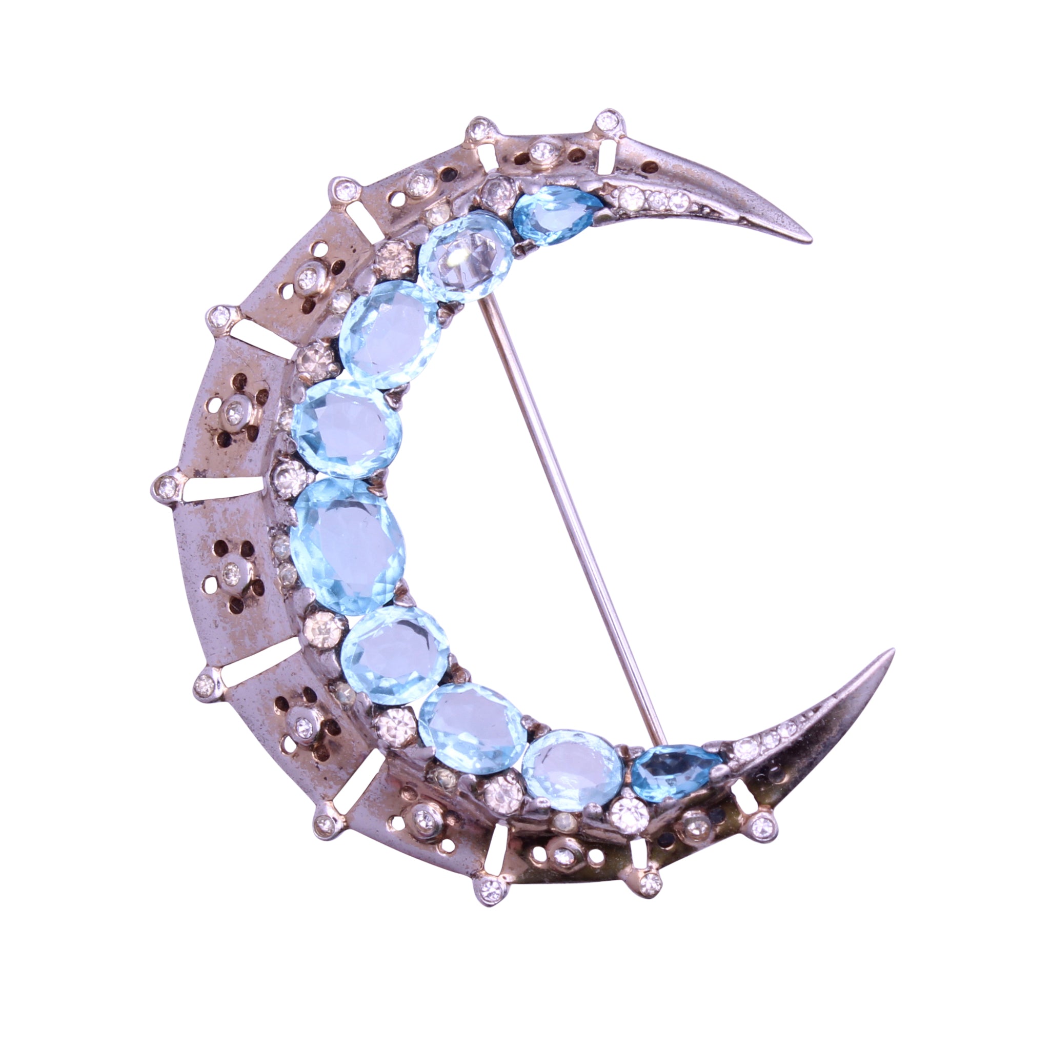 Trifari Sterling Silver Vermeil Aquamarine Rhinestone Crescent Pin Brooch