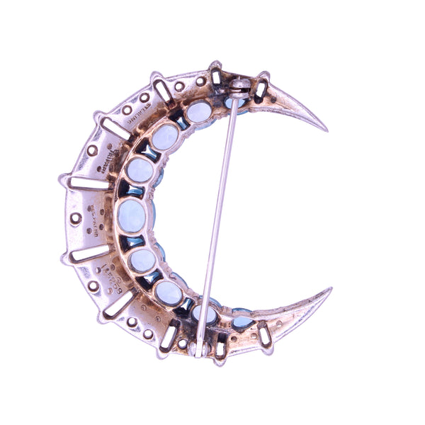 Trifari Sterling Silver Vermeil Aquamarine Rhinestone Crescent Pin Brooch Back