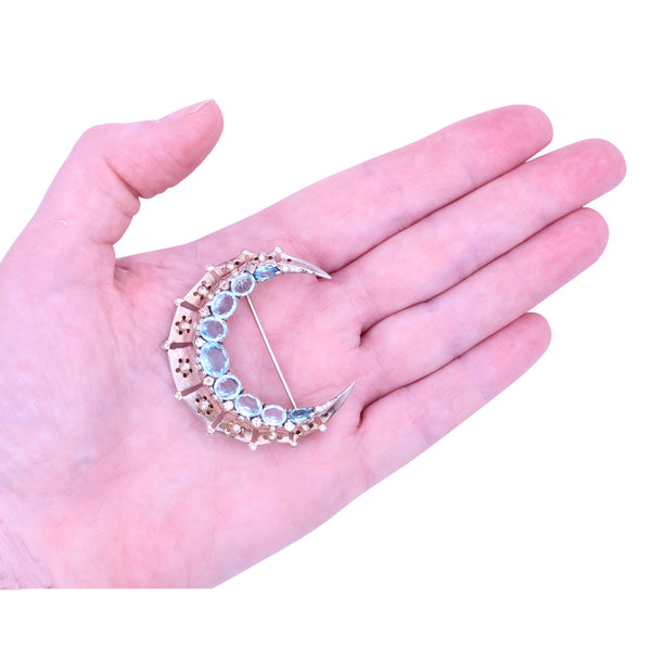 Trifari Sterling Silver Vermeil Aquamarine Rhinestone Crescent Pin Brooch