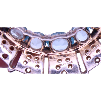 Trifari Sterling Silver Vermeil Aquamarine Rhinestone Crescent Pin Brooch Signature