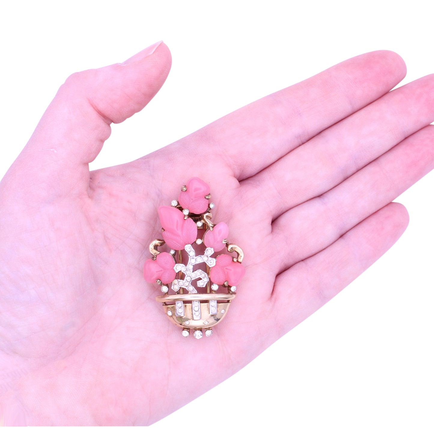 Trifari Pink Fruit Salad and Rhinestone Basket Fur Pin