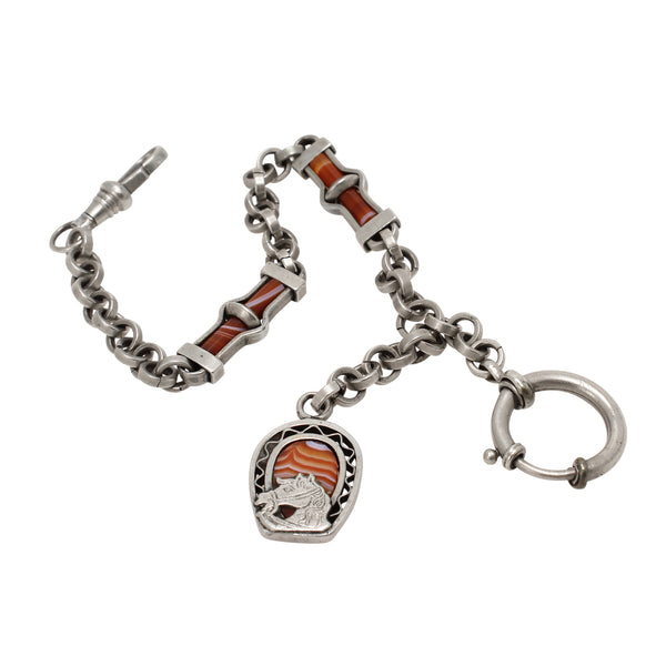 Victorian Scottish Agate Silver Watch Chain and Horse Charm Fob Full View