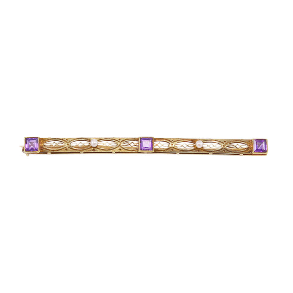 Antique Pearl and Amethyst 14k Gold Pin Brooch