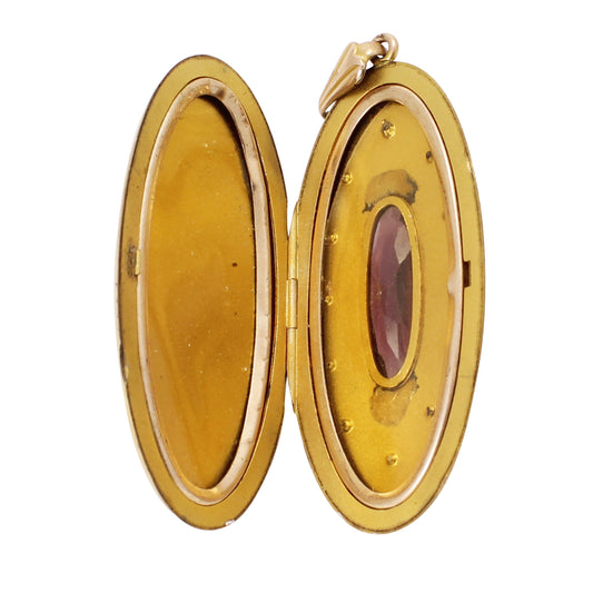 Large Oval Amethyst Rhinestone Gold Filled Locket Open