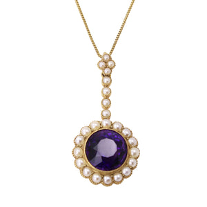 Edwardian 15 ct Gold Amethyst and Pearl Pendant Front