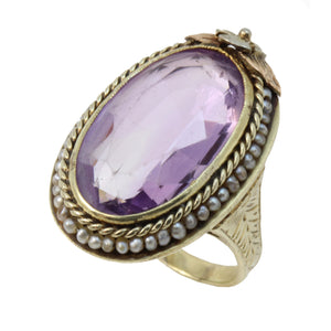 Vintage 14K 1920s Multicolor Gold Seed Pearls Large Amethyst Ring Front