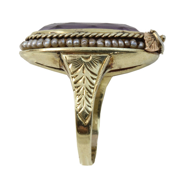Vintage 14K 1920s Multicolor Gold Seed Pearls Large Amethyst Ring  Side