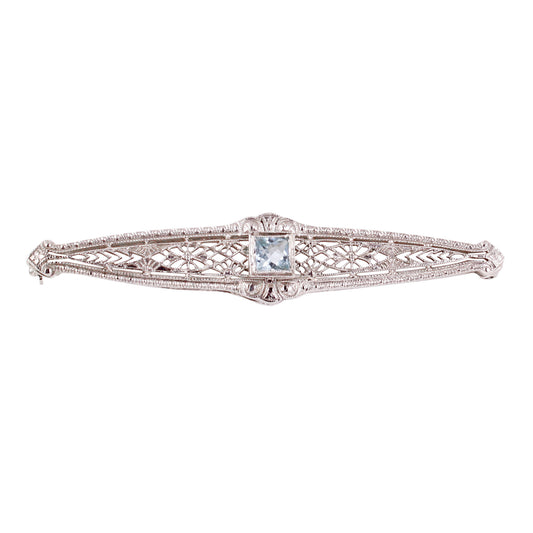 Art Deco Aquamarine 14k White Gold Filigree Pin Front