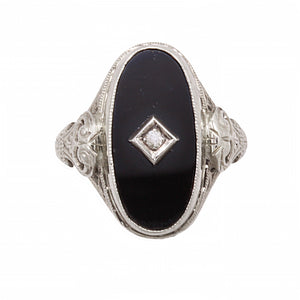 Art Deco Onyx and Diamond 14k White Gold Filgiree Ring