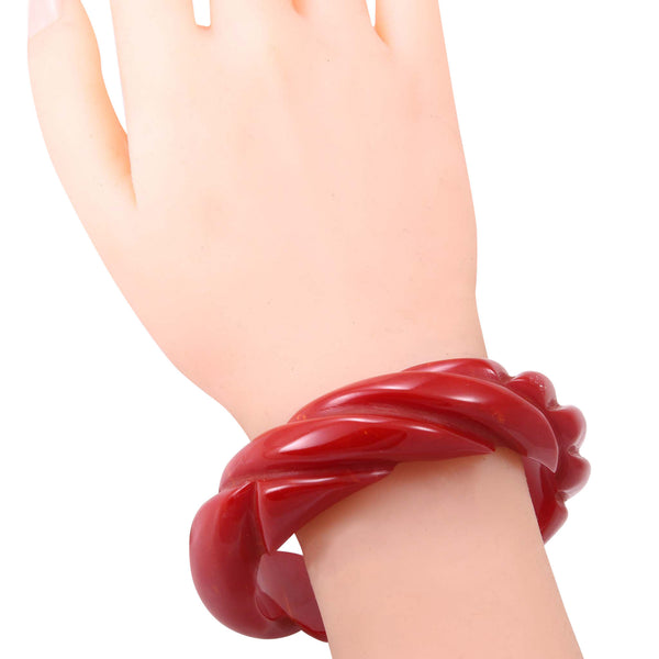 Red Marbled Carved Bakelite Bracelet Worn