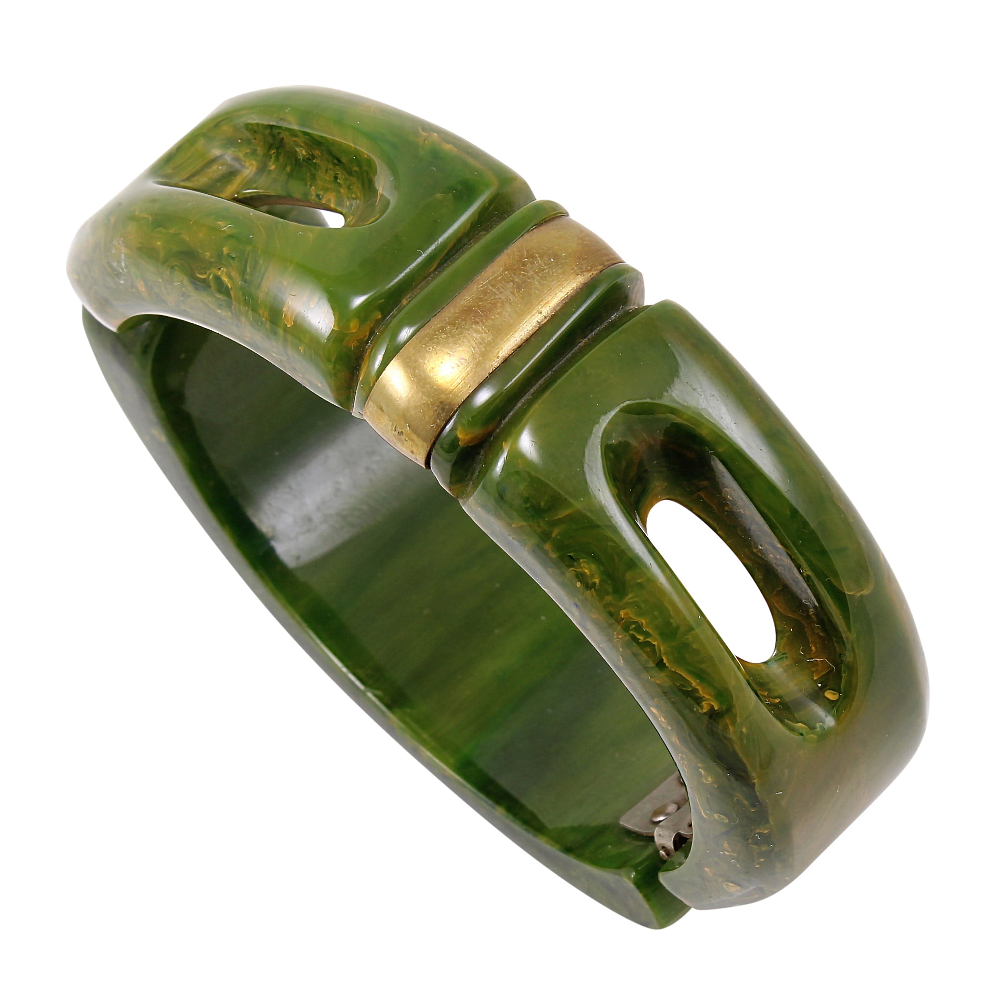 Bakelite and Brass Marble Green Clamper Bracelet Side