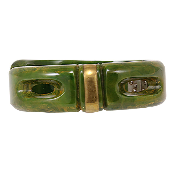 Bakelite and Brass Marble Green Clamper Bracelet Front