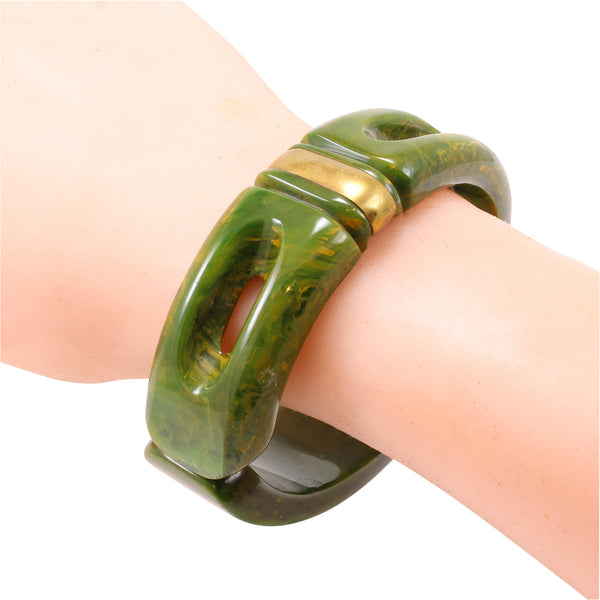 Bakelite and Brass Marble Green Clamper Bracelet Worn