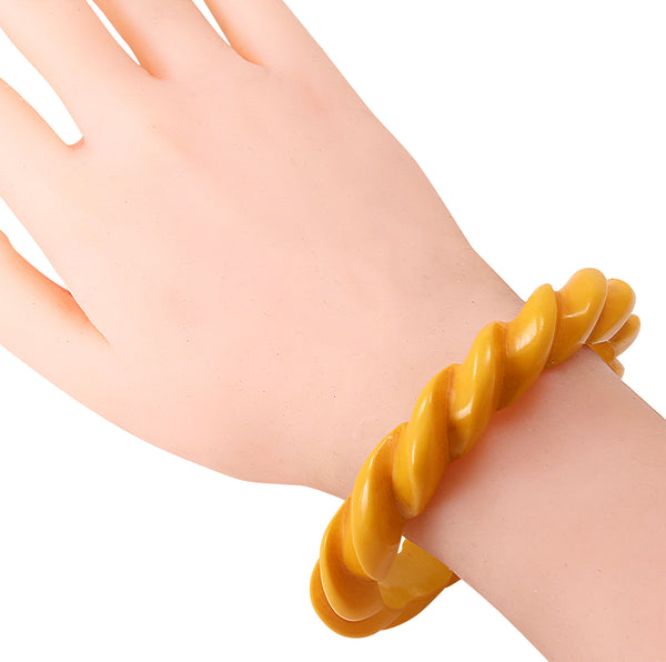 Yellow Bakelite Carved Rope Bracelet Worn