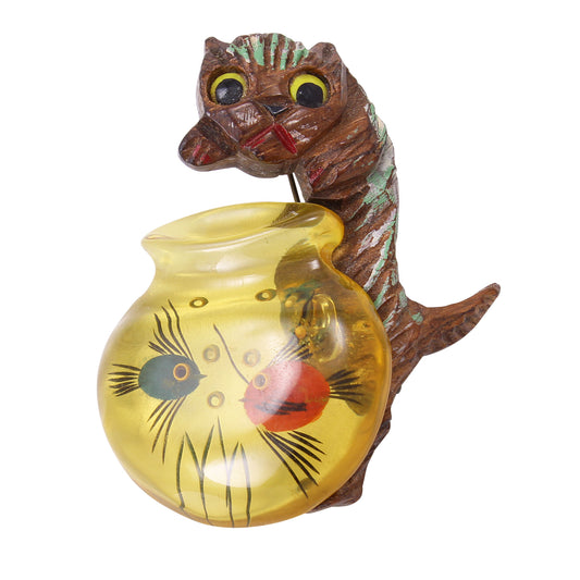 Wood Cat and Reverse Carved Bakelite Fish Bowl Pin Front