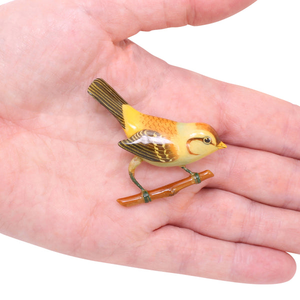 New World Warbler Painted Wood Bird Pin Brooch Held