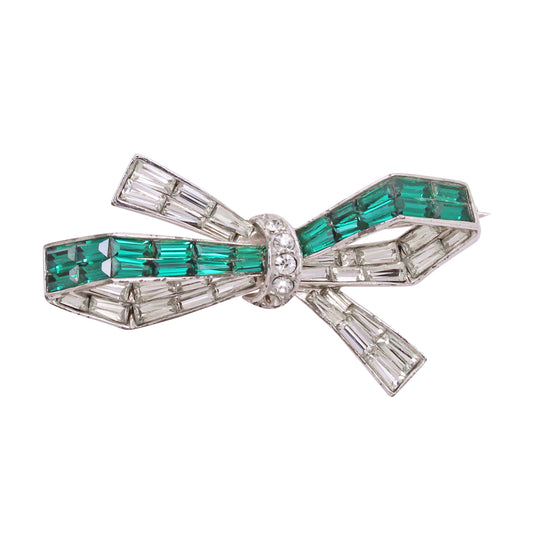 Marcel Boucher Early Emerald Green Rhinestone Bow Pin Brooch Front