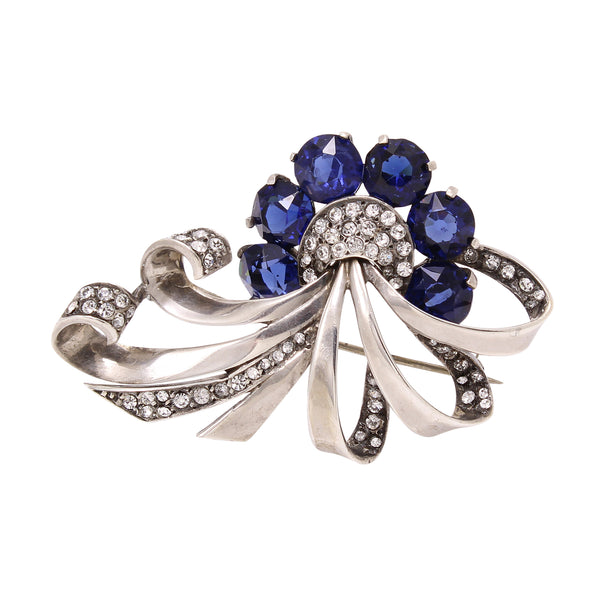 Boucher Sterling Silver and Sapphire Rhinestone Pin Front