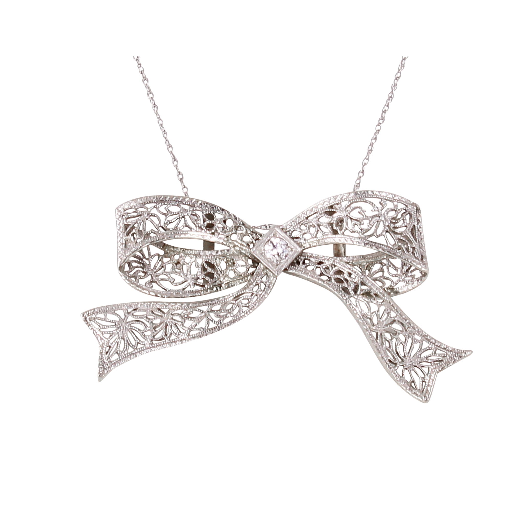 Art Deco 14k White Gold and Platinum Filigree Diamond Bow Pendant Front