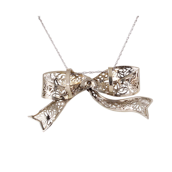 Art Deco 14k White Gold and Platinum Filigree Diamond Bow Pendant Back