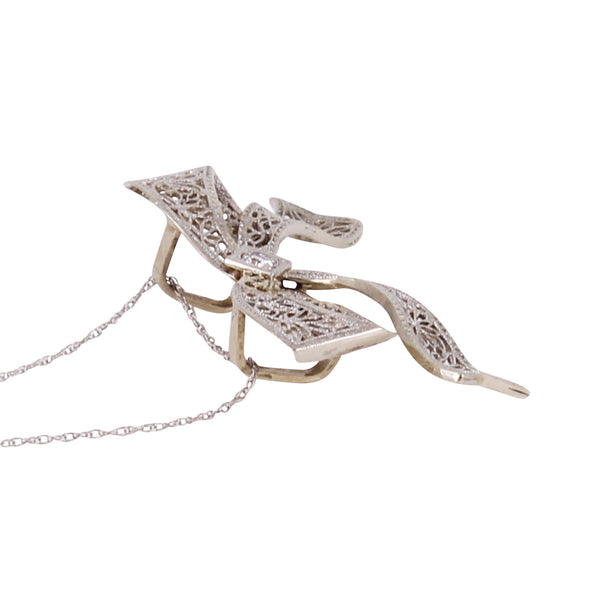 Art Deco 14k White Gold and Platinum Filigree Diamond Bow Pendant Side