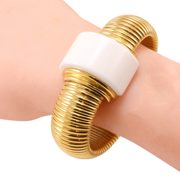Sleek Ivory Resin Ribbed Bracelet Worn