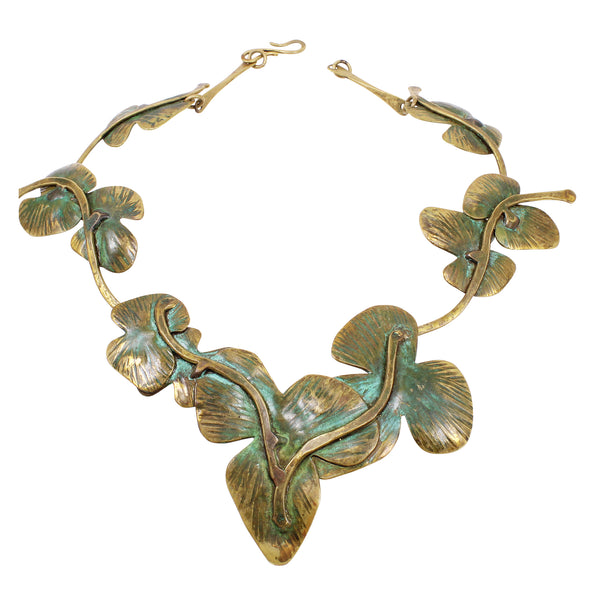 Vintage Verdigris Leaf Motif Brass Necklace Front