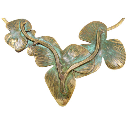 Vintage Verdigris Leaf Motif Brass Necklace Close