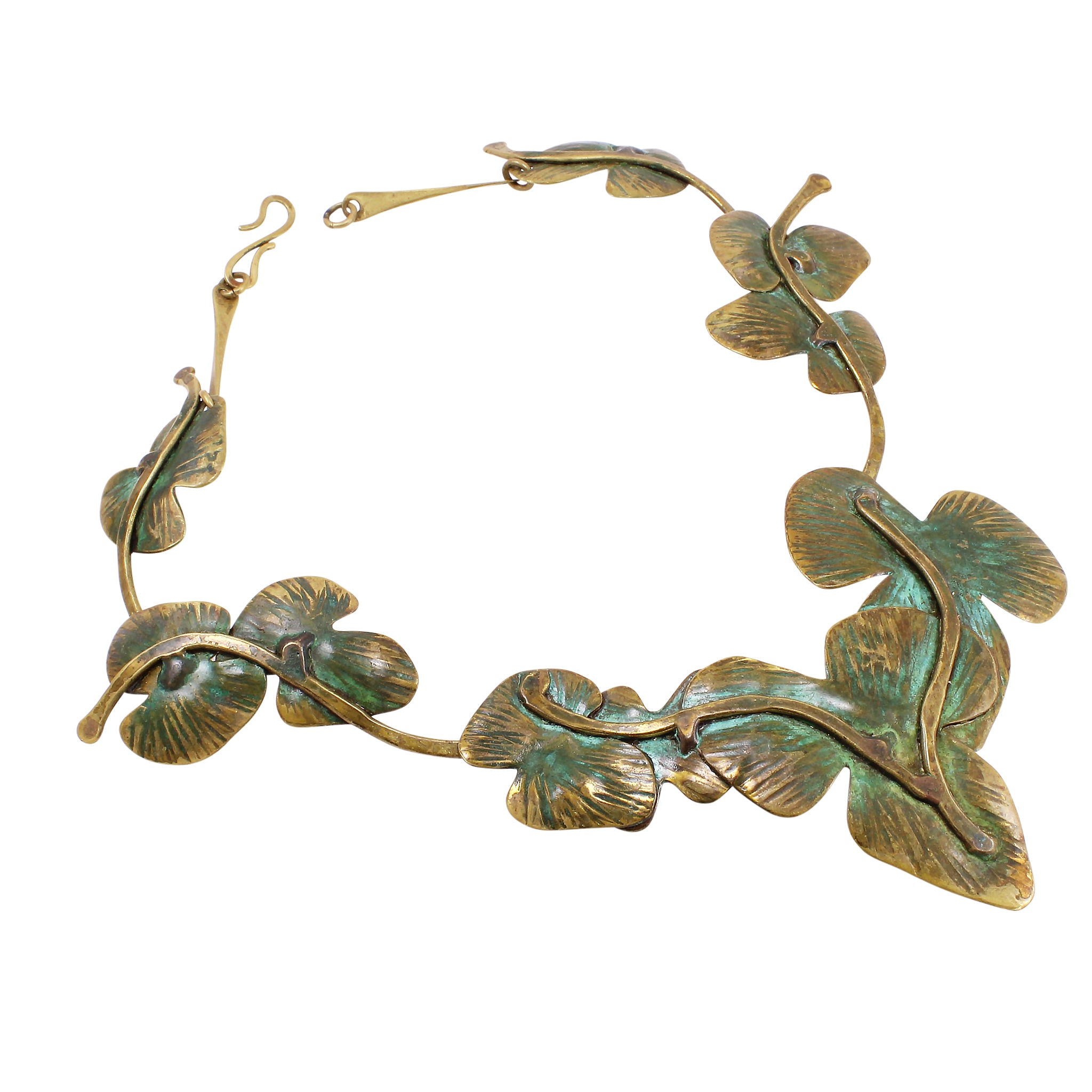 Vintage Verdigris Leaf Motif Brass Necklace Side