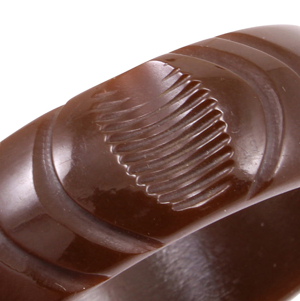 Chocolate Brown Carved Bakelite Bracelet Close