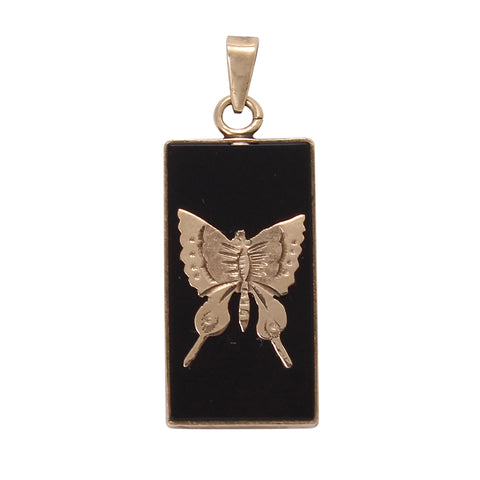 Onyx and 10k Yellow Gold Butterfly Pendant Front