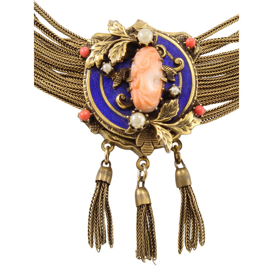 Victorian Revival Cameo and Blue Enamel Slide Necklace Close