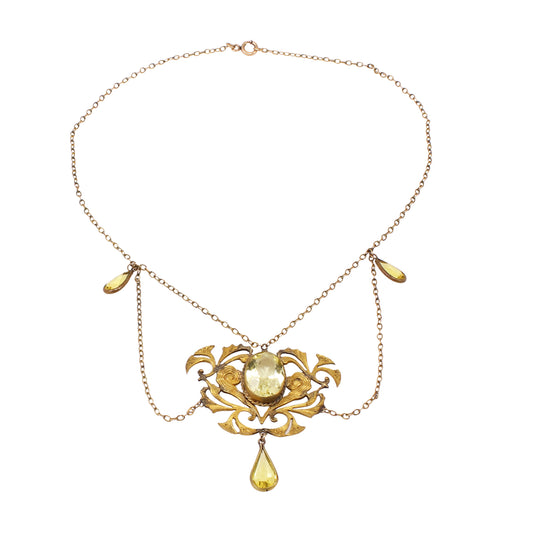 Art Nouveau Glass Citrine Festoon Necklace Front