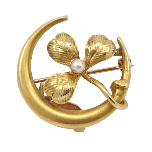 Late Victorian 14k Shamrock and Crescent Pin/Brooch Front